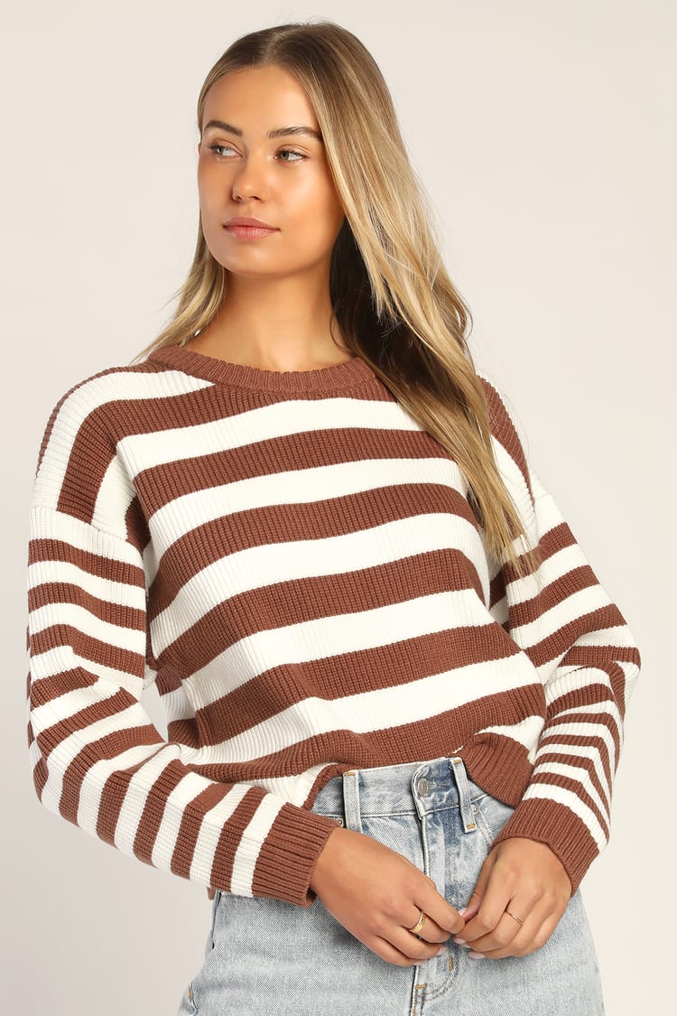 White and Brown Sweater - Striped Sweater - Pullover Sweater - Lulus