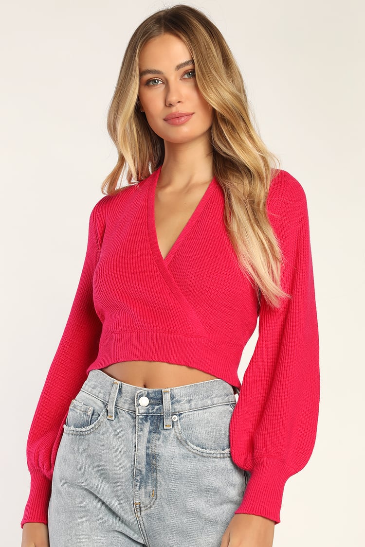 Pink Surplice Sweater - Balloon Sleeve Sweater - Cropped Sweater - Lulus