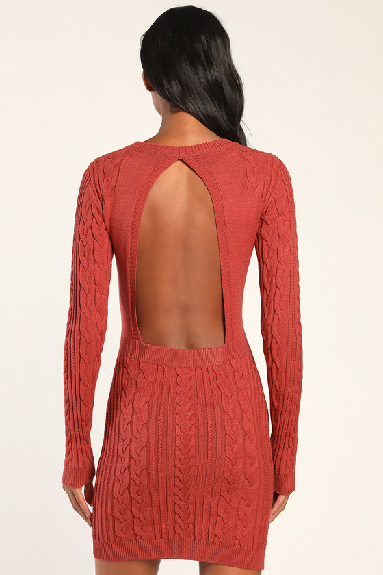 Snuggly Sensation Rust Red Cable Knit Bodycon Sweater Dress