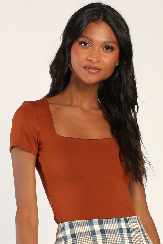 Cute Rust Brown Top Square Neck Top Jersey Knit Top Lulus