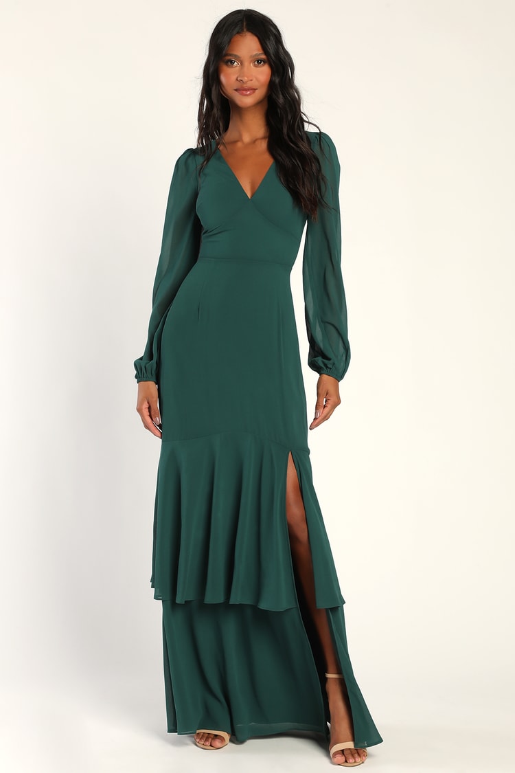 Hunter Green Maxi Dress - Long Sleeve Maxi Dress - Tiered Dress - Lulus