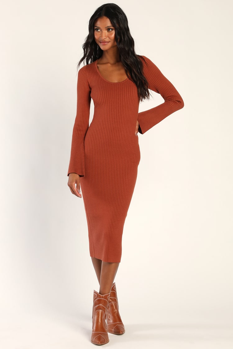 Rust Brown Midi Dress - Sweater Dress - Long Sleeve Knit Dress - Lulus