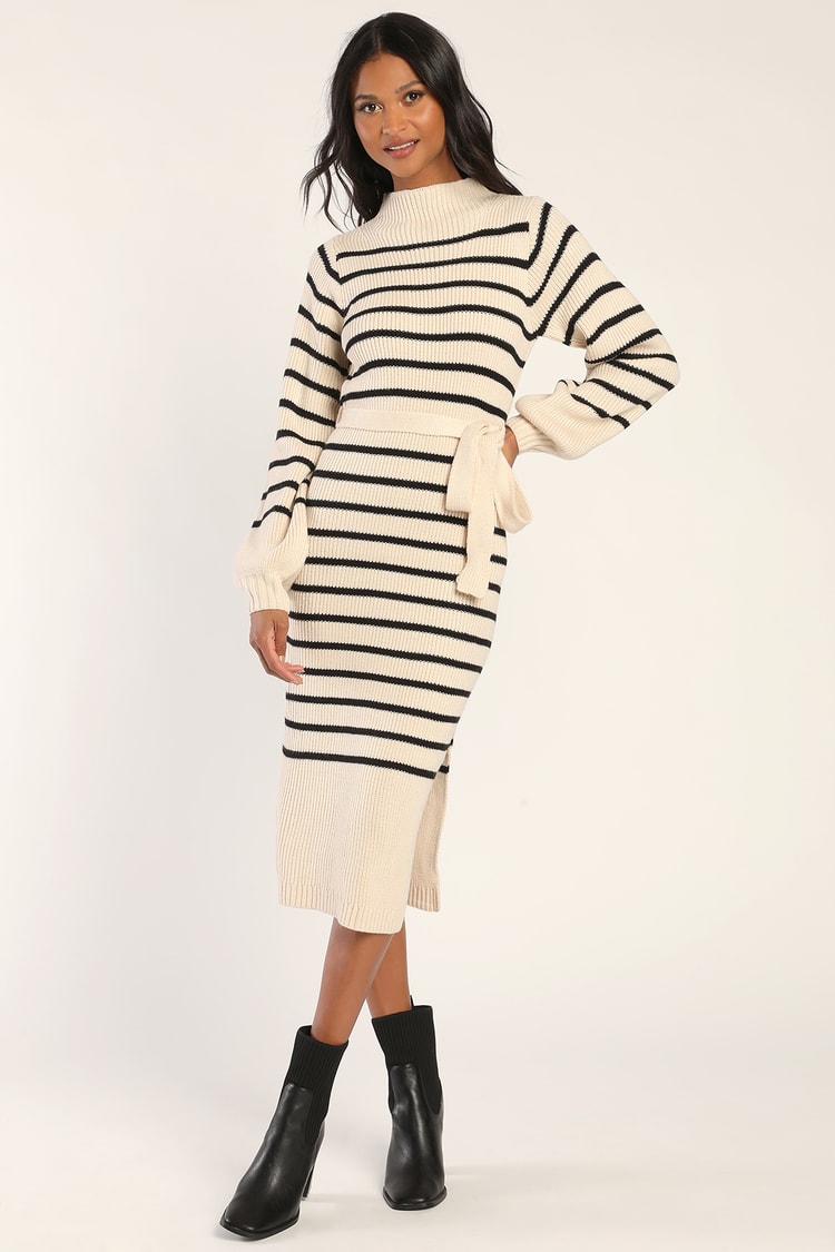 Striped Sweater Dress - Midi Sweater Dress - Mock Neck Dress - Lulus