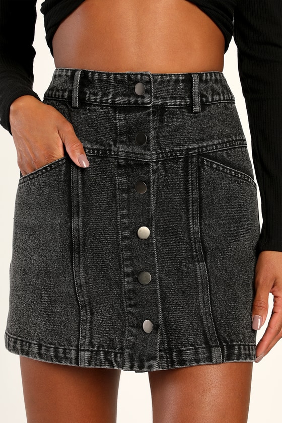 Lulus Real Babe Black High Waisted Button-up Denim Mini Skirt