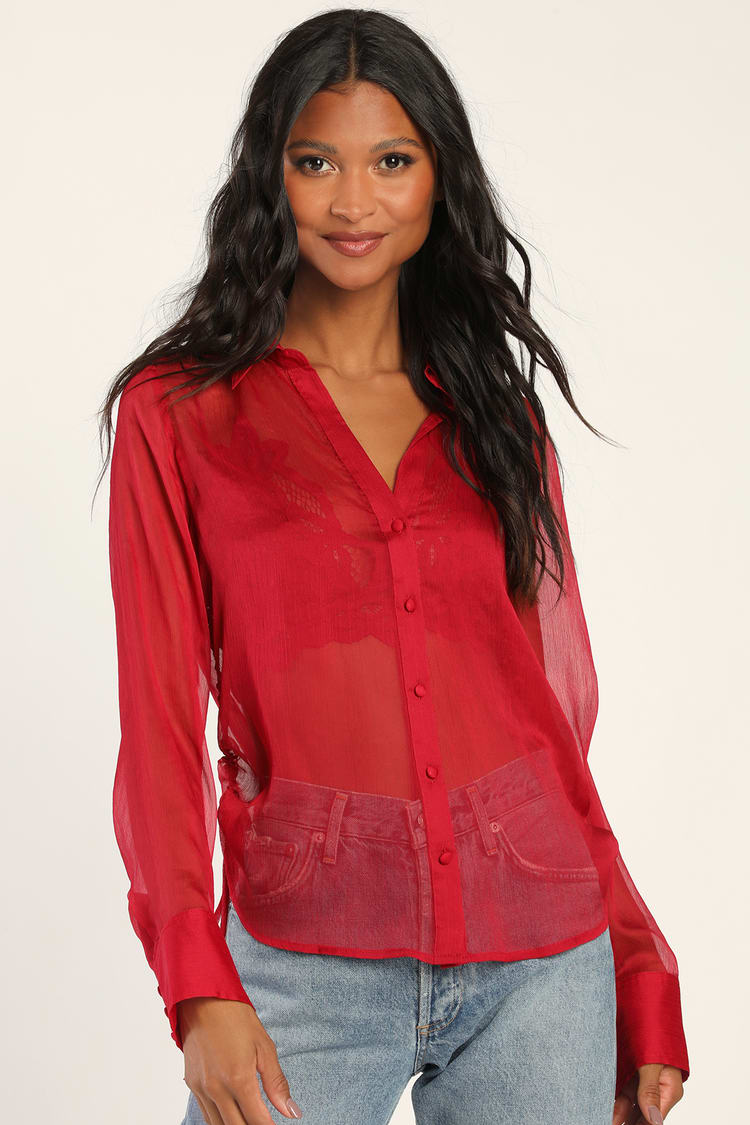 Wine Red Button-Up Top - Sheer Long Sleeve Top - Ruched Top - Lulus