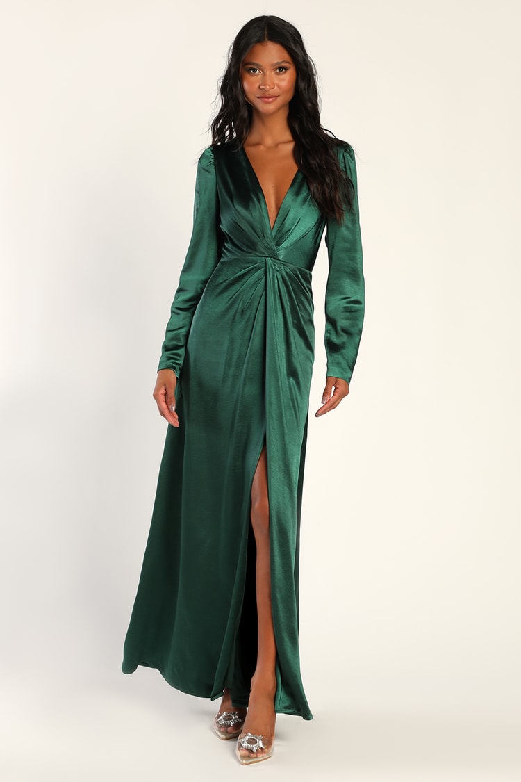 Emerald Green Satin Dress - Long Sleeve Dress - Maxi Dress - Lulus