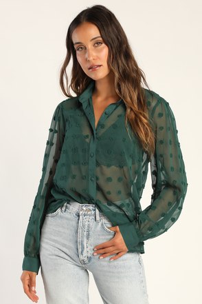 Chic Sheer Green Top - Button-Up Blouse - Dotted Long Sleeve Top - Lulus