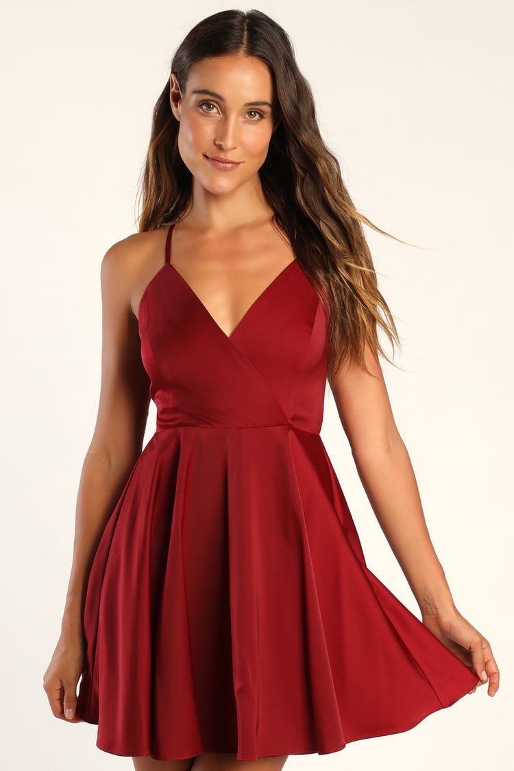 Wine Red Dress - Satin Skater Dress - Tie-Back Mini Dress - Lulus