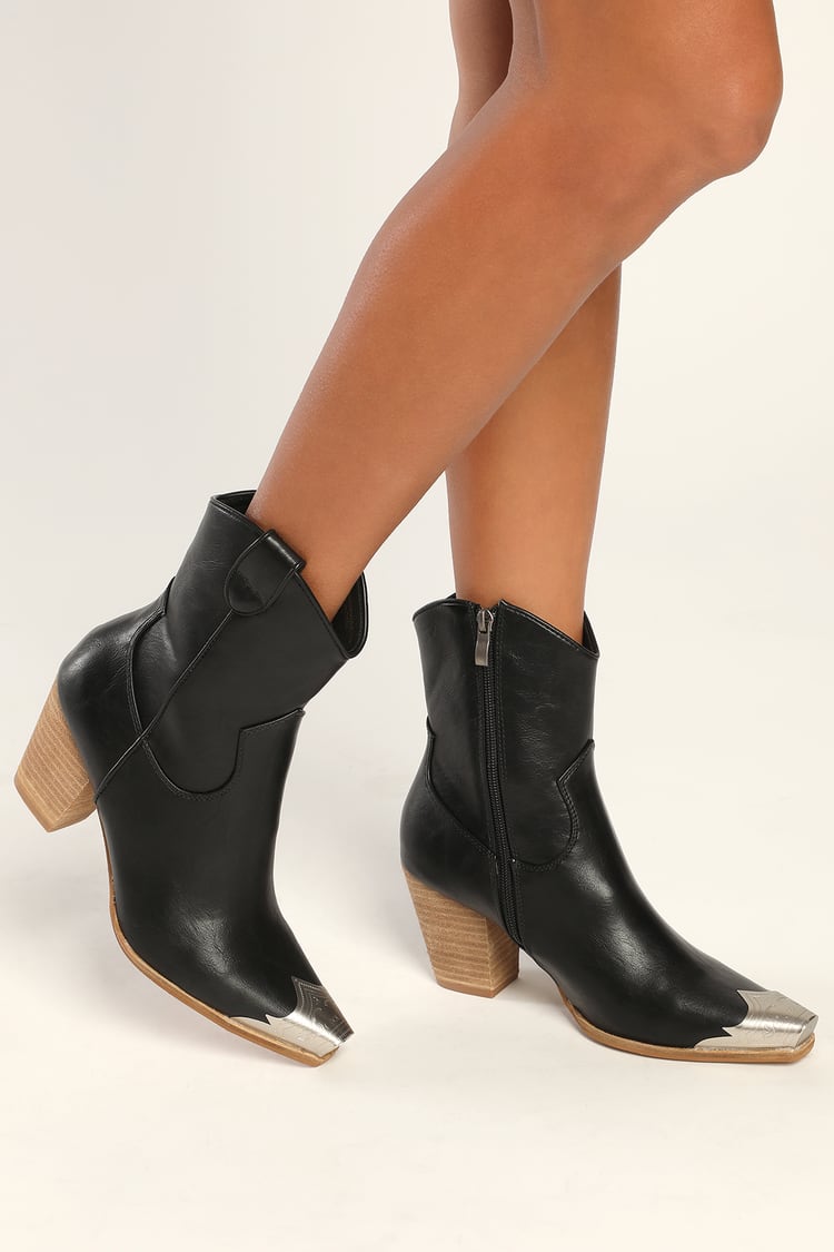 Black Western Ankle Boots - Toe Cap Boots - Cowboy Boots - Lulus