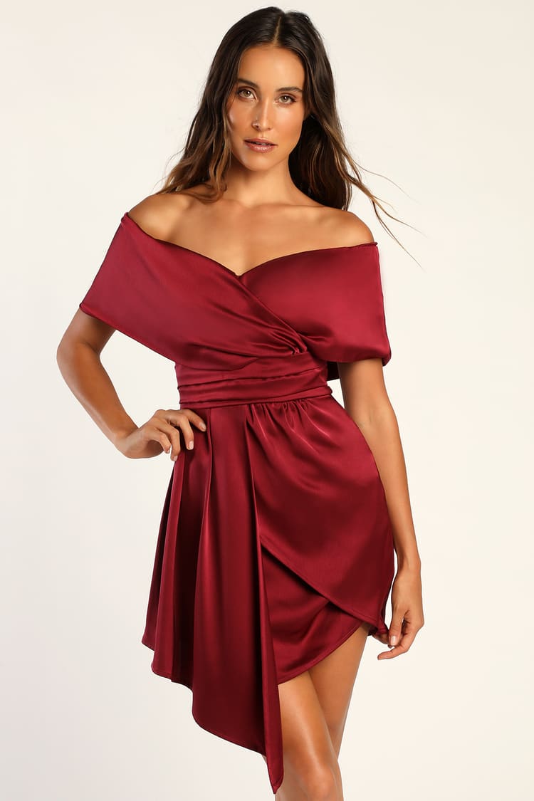 Burgundy Satin Dress - Asymmetrical Dress - Satin Mini Dress - Lulus