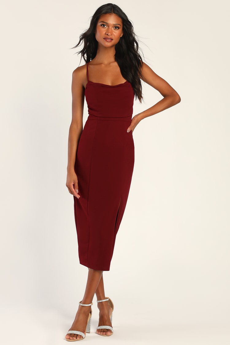 Wine Red - Cowl Midi Dress - Dress - Lulus