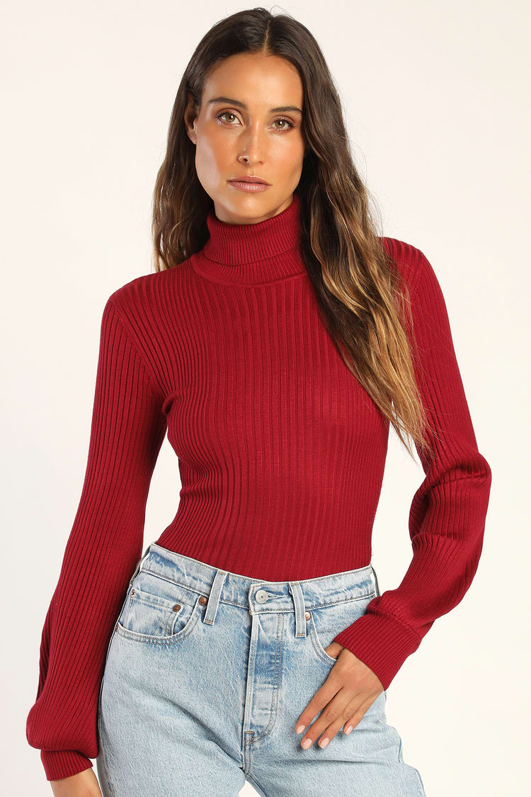 Wine Red Turtleneck Top - Balloon Sleeve Top - Ribbed Knit Top - Lulus