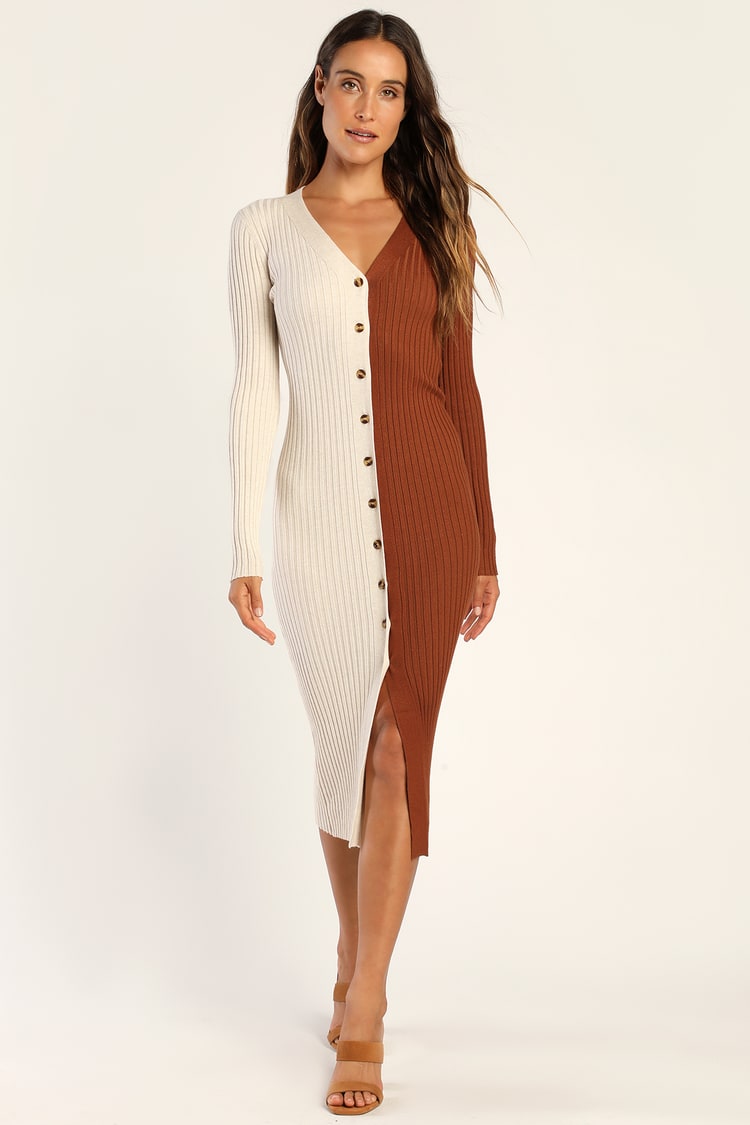 Color Block Midi Dress - Sweater Dress - Cream & Brown Dress - Lulus