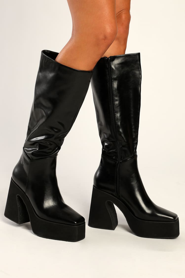 Black Knee-High Boots - Faux Leather Boots - Platform Boots - Lulus
