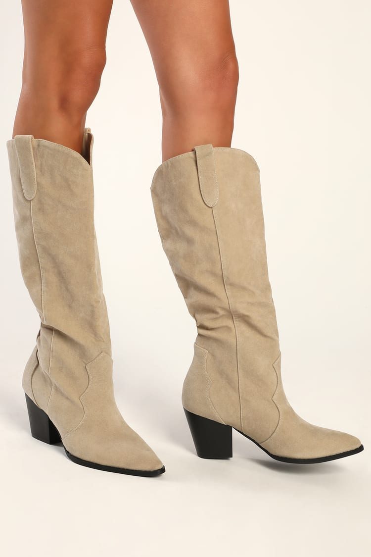 Faux Suede Boots - Knee-High Boots - Beige Pointed-Toe Boots - Lulus
