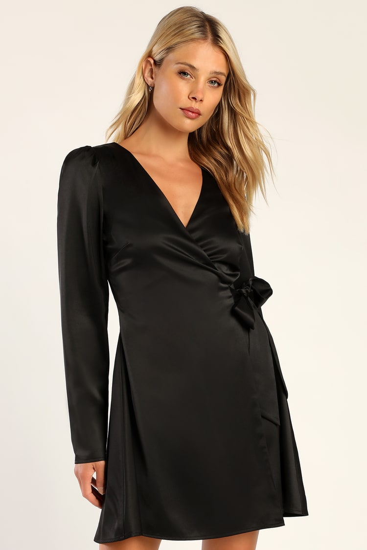 Black Satin Dress - Long Sleeve Mini Dress - Mini Wrap Dress - Lulus