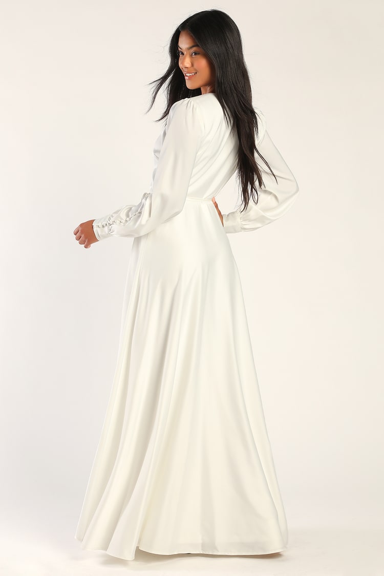 White Long Sleeve Dress - Satin Wrap Dress - Button Cuff Dress - Lulus