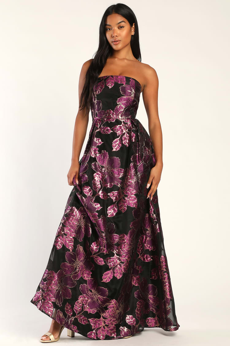 Black Floral Maxi Dress - Jacquard Dress - Strapless A-Line Dress - Lulus
