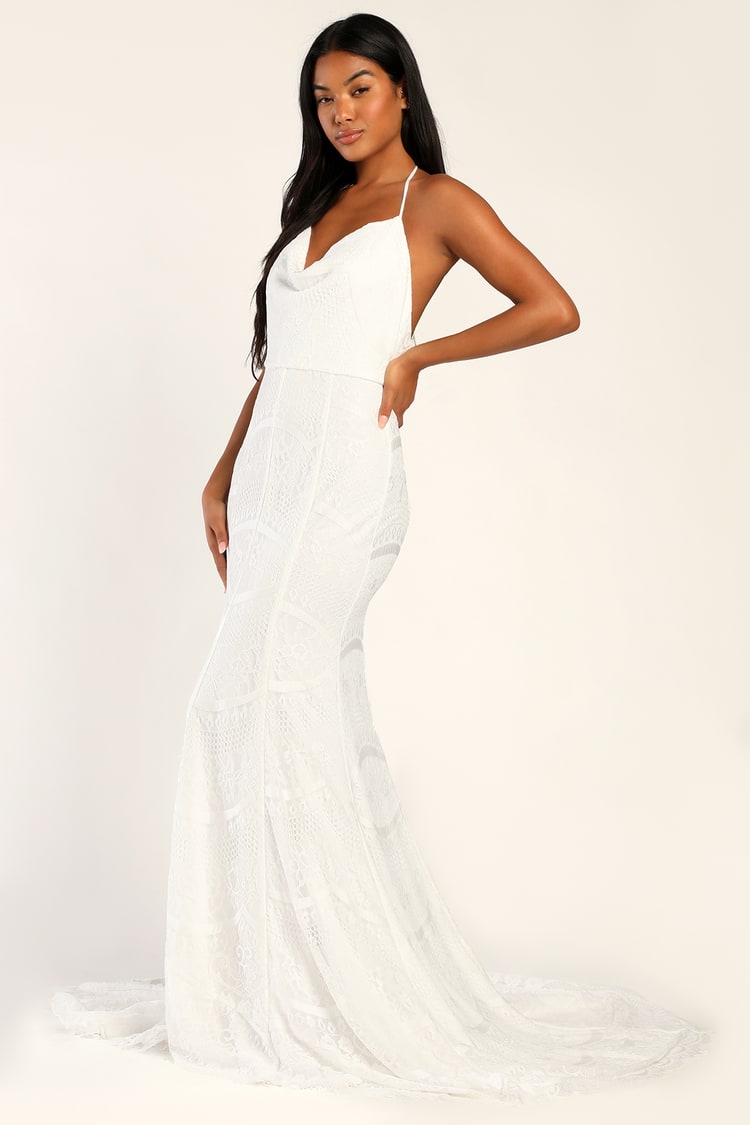 White Lace Dress - Maxi Dress With Train - Backless Cowl Dress - Lulus