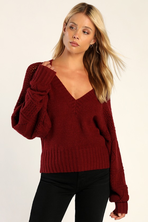 Burgundy v sale neck jumper womens