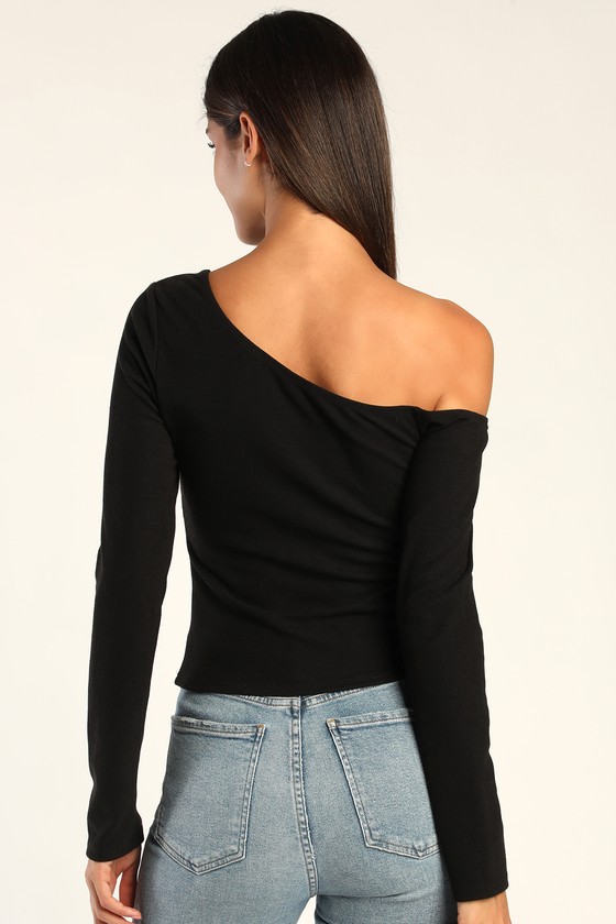 Black Ribbed Knit Top Cutout Top Long Sleeve Asymmetrical Top Lulus