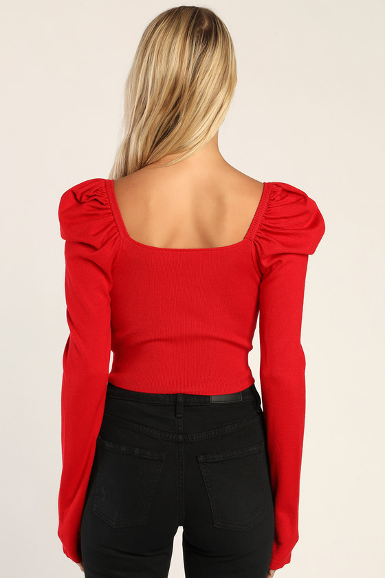 Keepin It Flirty Red Puff Shoulder Long Sleeve Crop Top