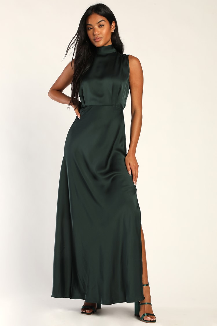 Green Satin Dress - Mock Neck Maxi Dress - Sleeveless Satin Dress - Lulus