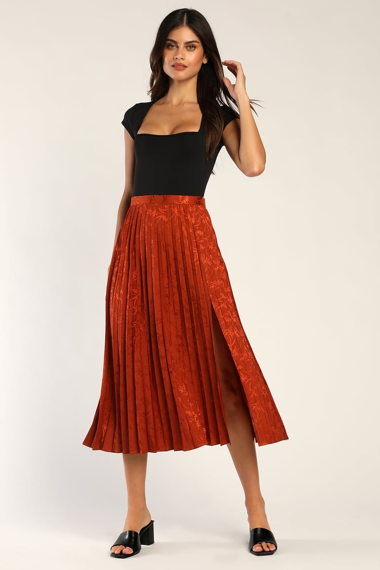 Rust Orange Satin Skirt - Pleated Midi Skirt - Floral Satin Skirt - Lulus