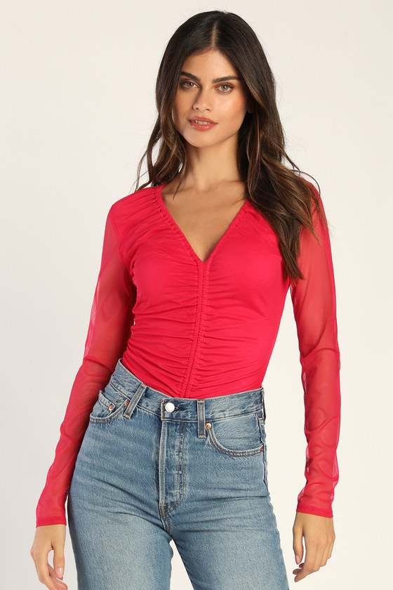 Cute Hot Pink Top - Long Sleeve Bodysuit - Ruched Bodysuit - Lulus