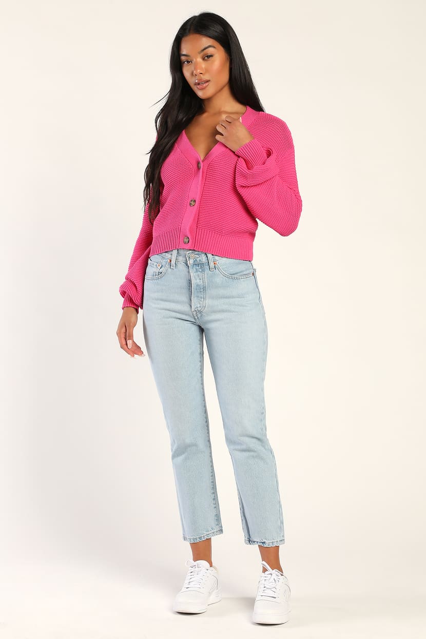 That Cozy Feeling Hot Pink Knit Button-Up Cropped Cardigan