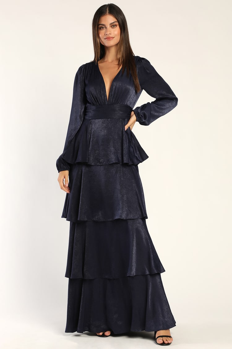 Navy Blue Satin Dress - Tiered Maxi Dress - Long Sleeve Dress - Lulus