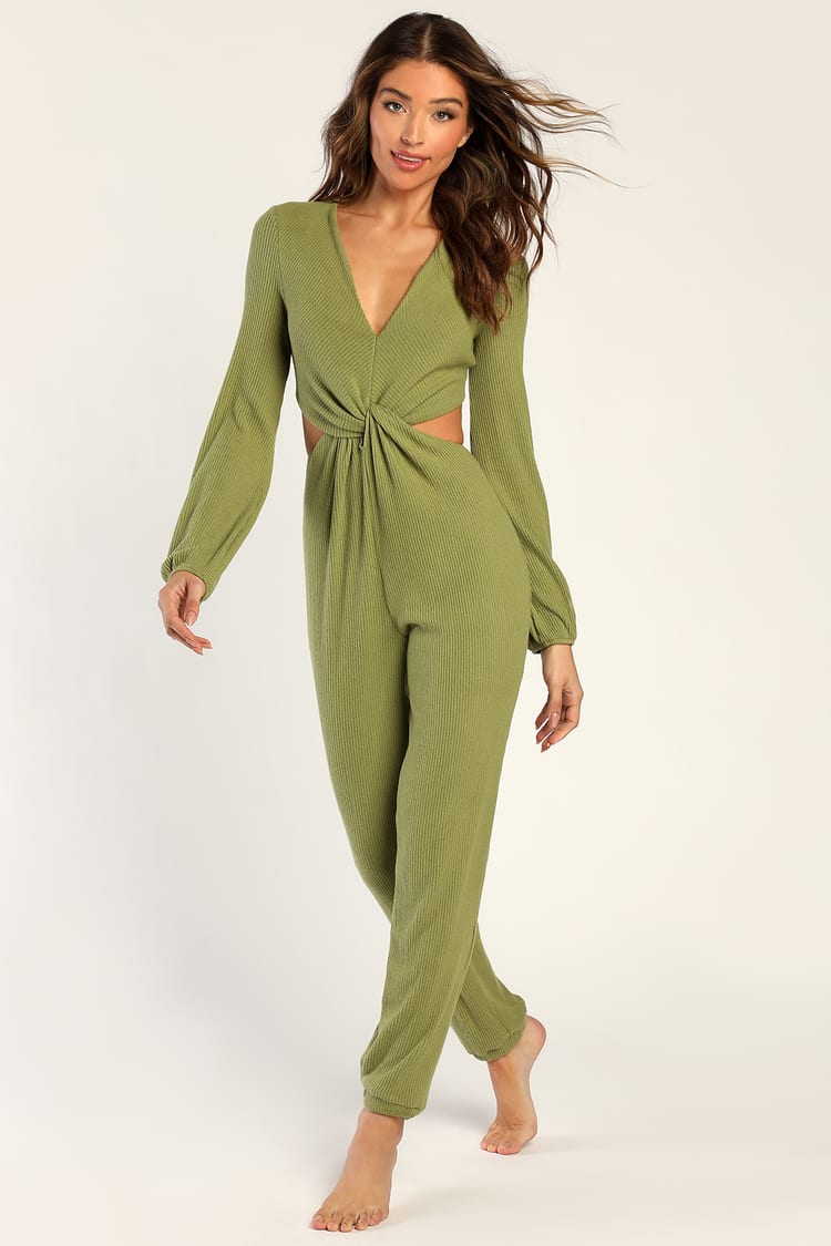 Green Lounge Jumpsuit - Long Sleeve Jumpsuit - Cutout Jumpsuit - Lulus