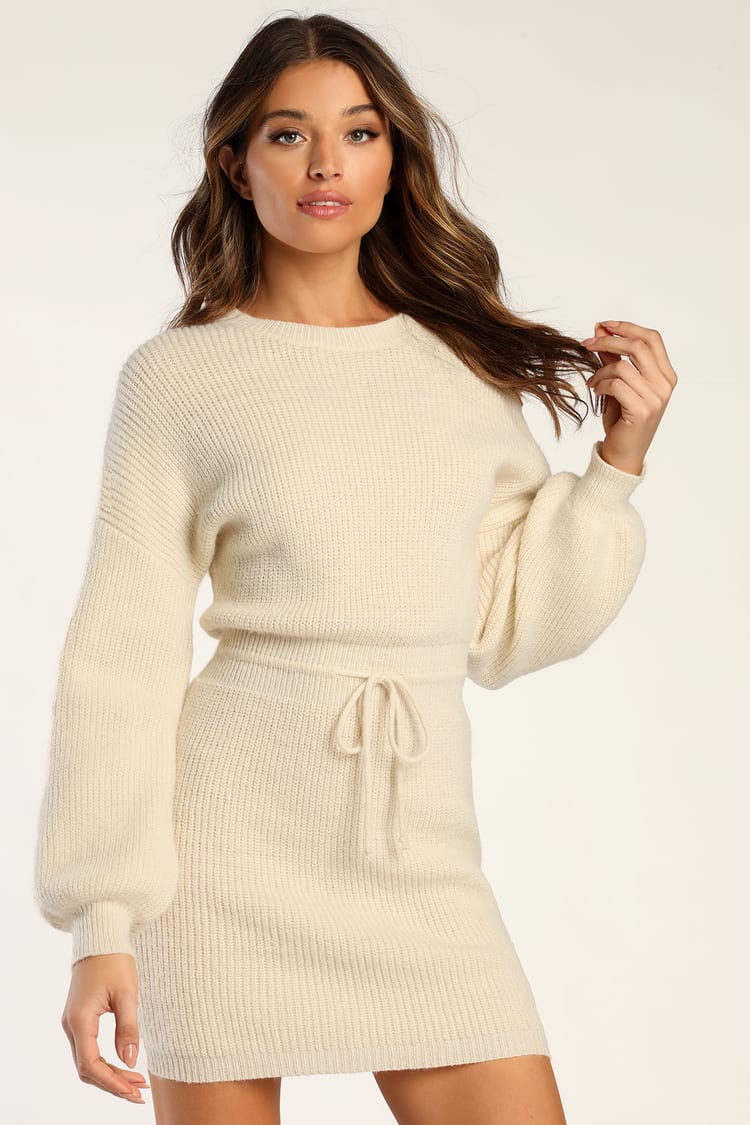 Cream Dress - Mini Sweater Dress - Balloon Sleeve Mini Dress - Lulus