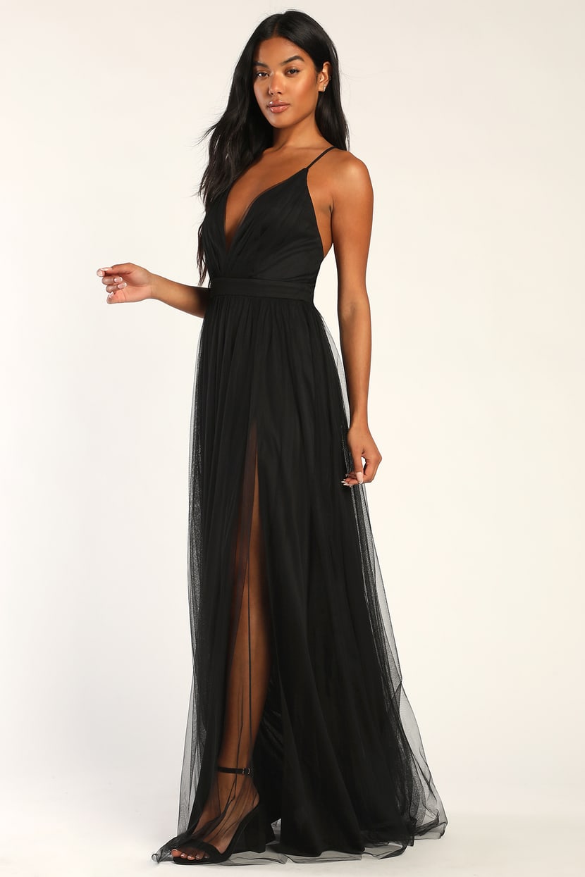 Sexy Black Maxi Dress - Tulle Maxi Dress - Leg Slit Maxi Dress - Lulus