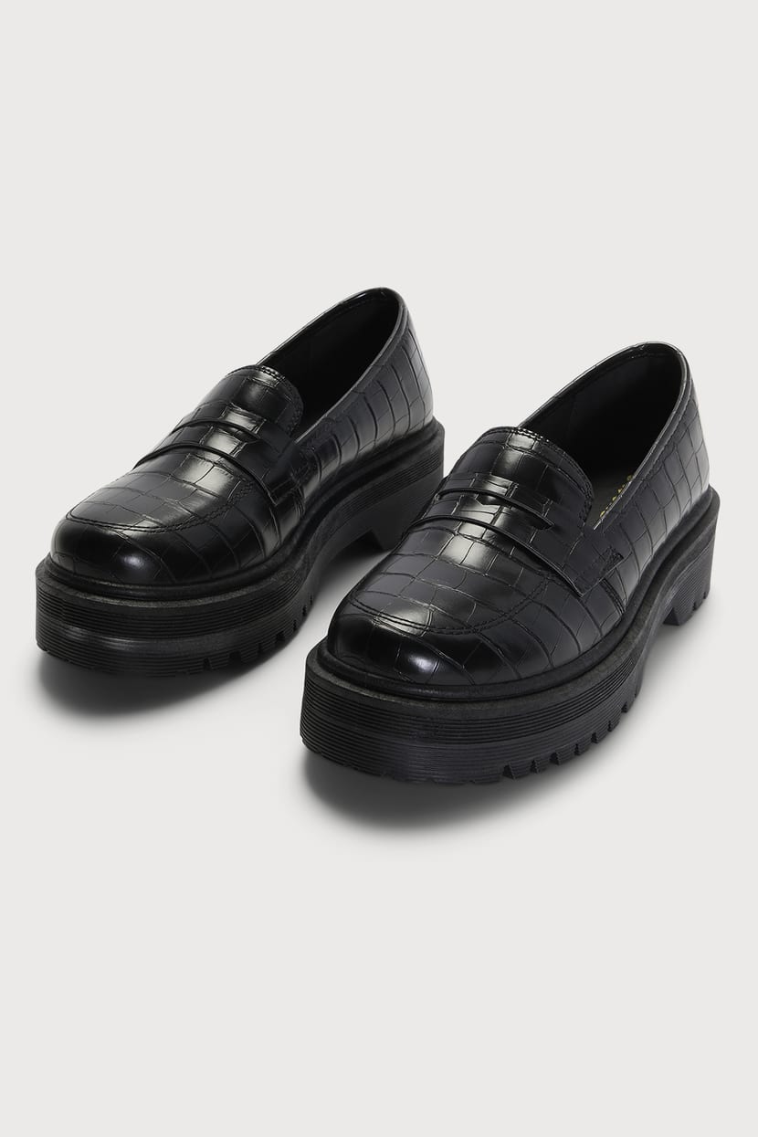 Chic Black Loafers - Flatform Loafers - Crocodile Embossed Shoes - Lulus