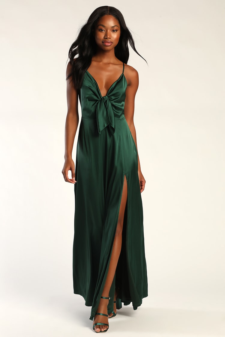 Emerald Green Dress - Maxi Dress - Tie-Front Dress - Satin Dress - Lulus