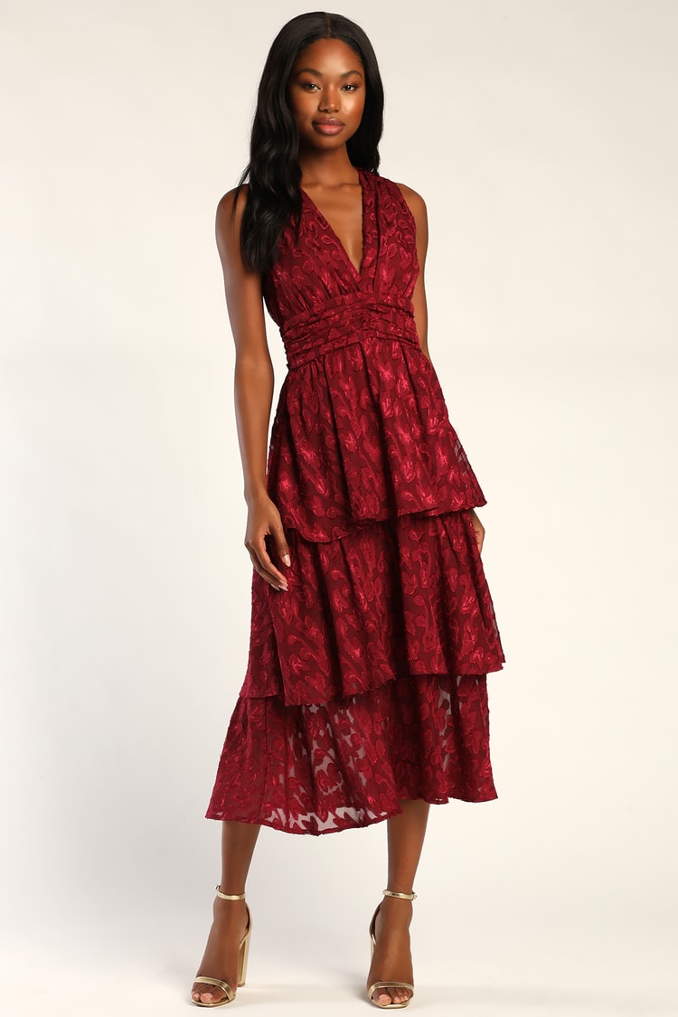 Wine Red Midi Dress - Tiered Midi Dress - Jacquard Dress - Lulus