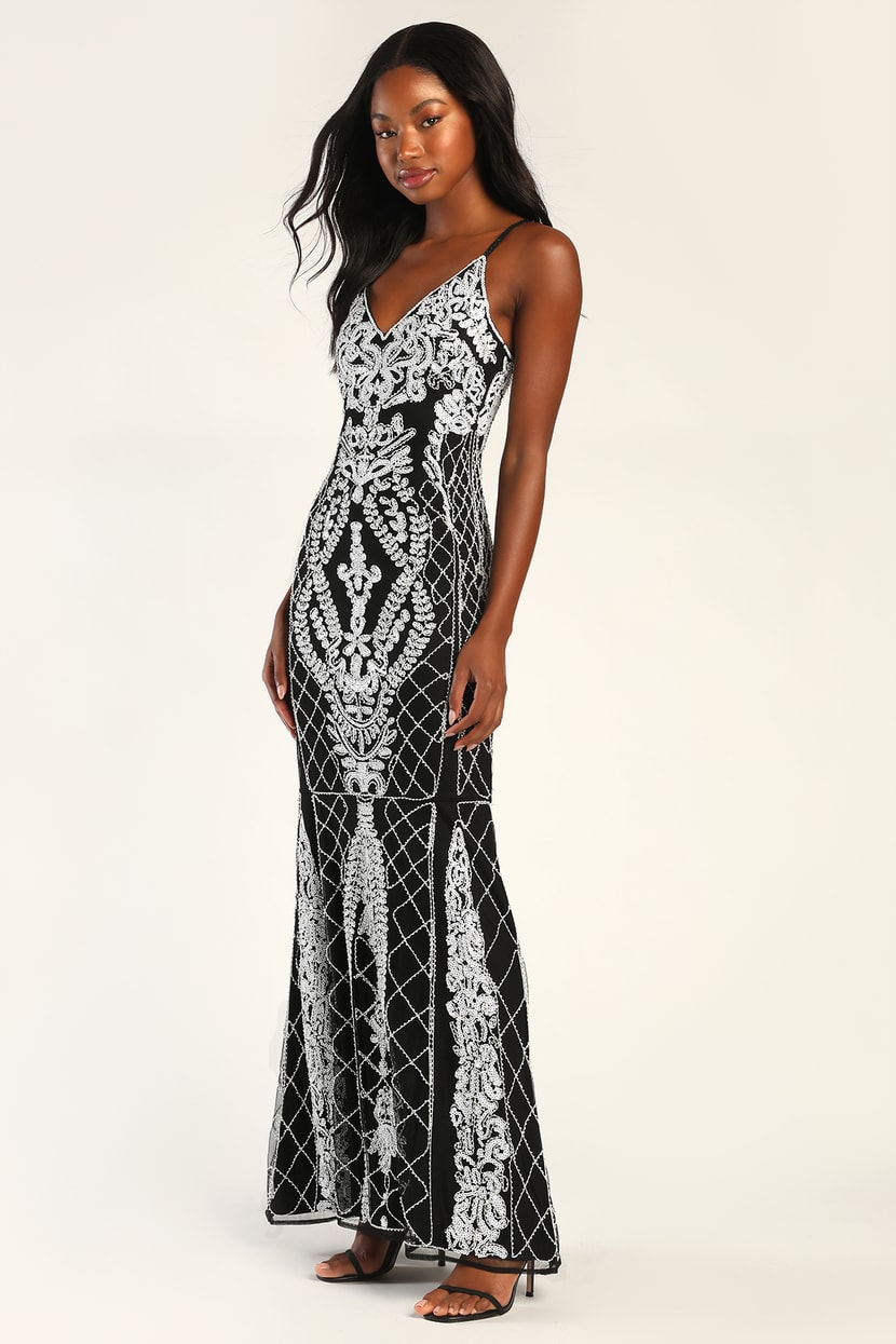 Black and White Dress - Beaded Trumpet Dress - Sequin Maxi Dress - Lulus