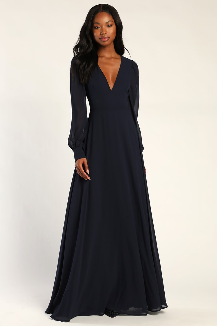 Navy Maxi Dress - Chic Open Back Dress - Long Sleeve Maxi Dress - Lulus