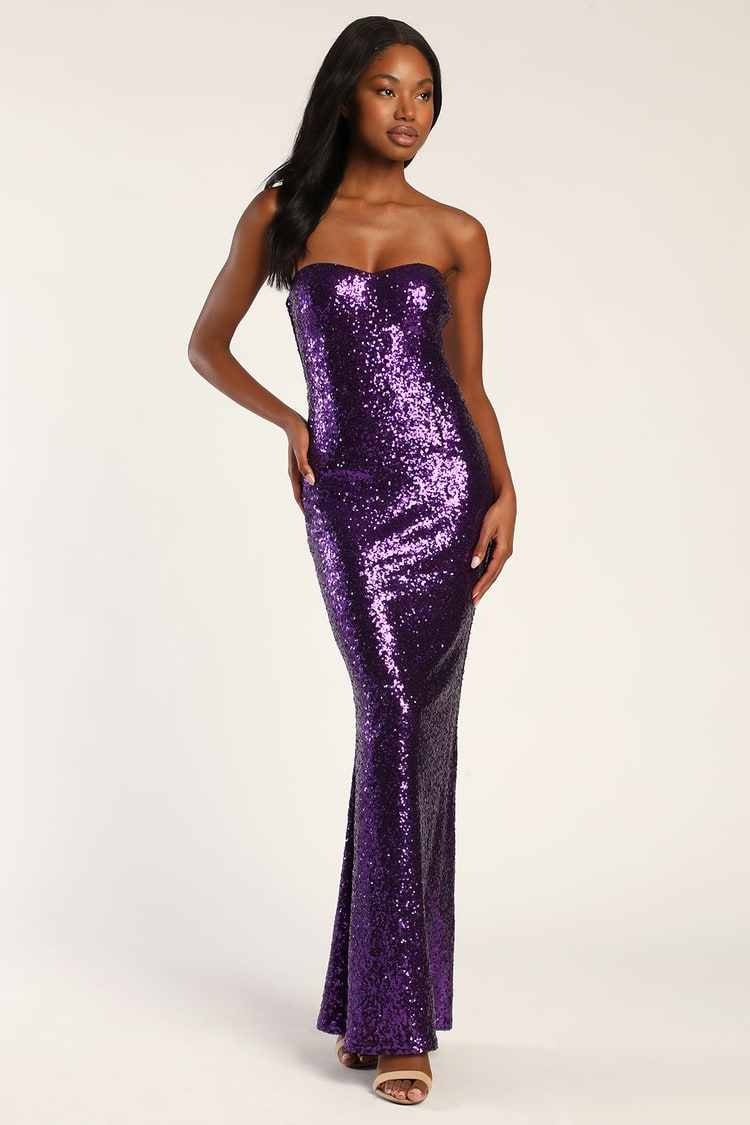 Purple Sequin Dress - Strapless Mermaid Dress - Cutout Maxi Dress - Lulus