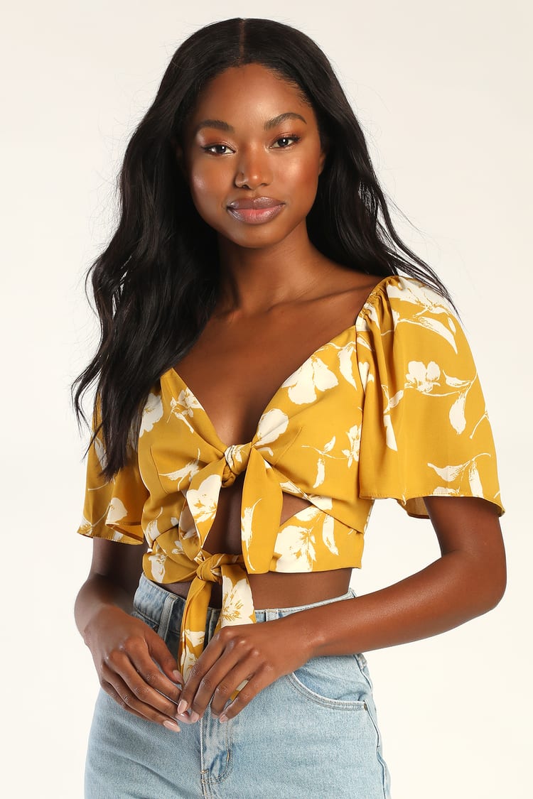 Yellow Floral Print Top - Flutter Sleeve Top - Cute Tie-Front Top - Lulus