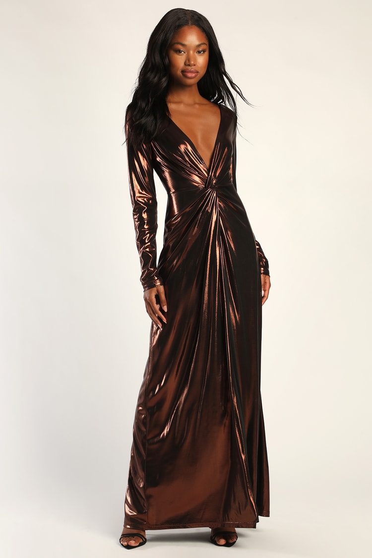 Brown Metallic Dress - Twist-Front Dress - Long Sleeve Maxi Dress - Lulus