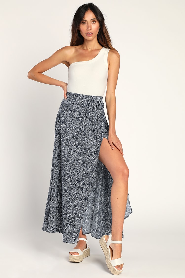 Lovely Navy Blue Skirt - Print Skirt - Wrap Maxi Skirt - Lulus
