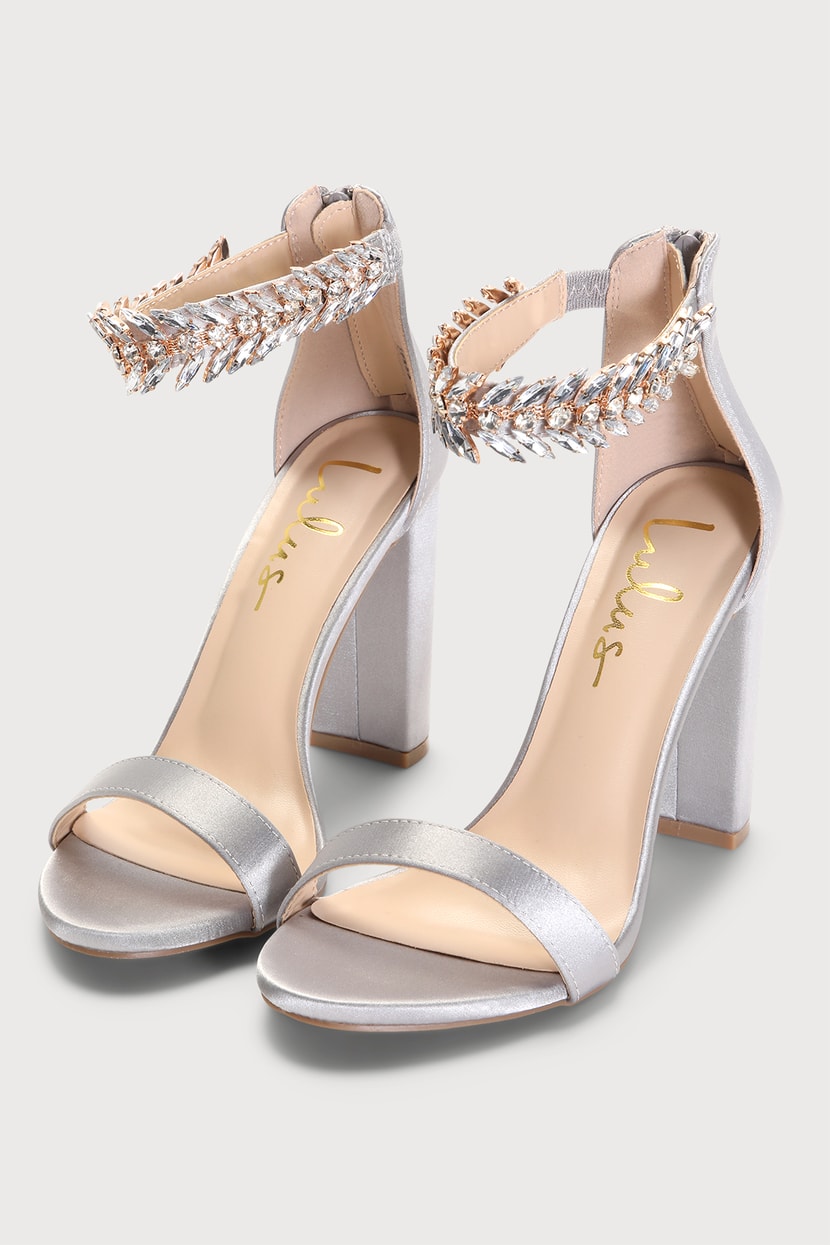Chic Silver Heels - Satin High Heel Sandals - Embellished Heels - Lulus