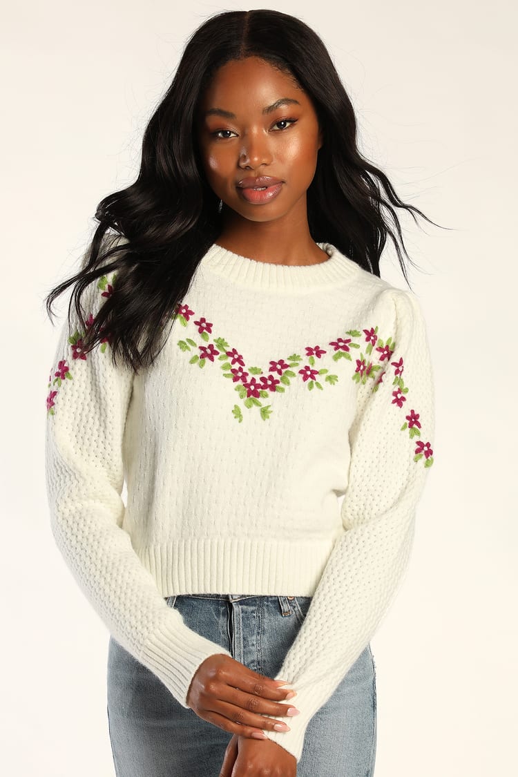 Ivory Floral Sweater - Embroidered Sweater - Floral Pullover - Lulus