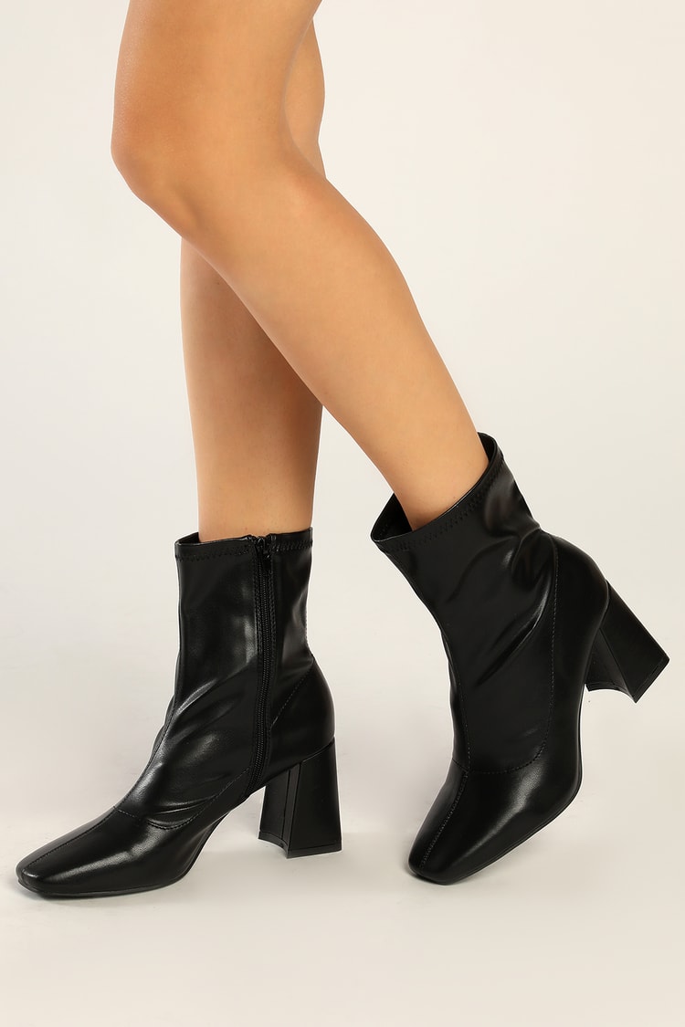 Black Faux Leather Sock Boots - Mid-Calf Boots - Square Toe Boots - Lulus
