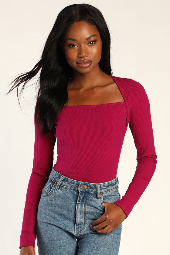 Trendy 'Til the End Magenta Ribbed Long Sleeve Bodysuit