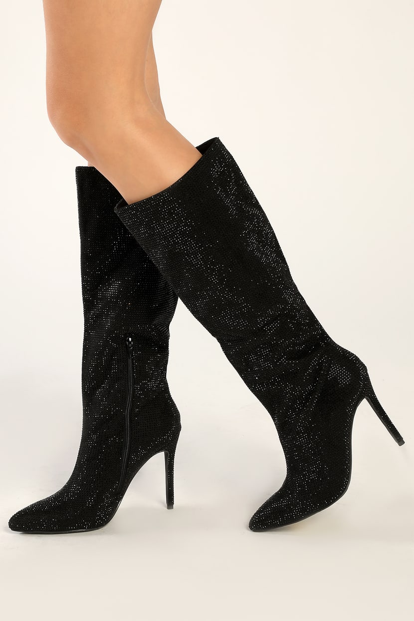 Rhinestone Boots - Knee-High Boots - Black Pointed-Toe Boots - Lulus