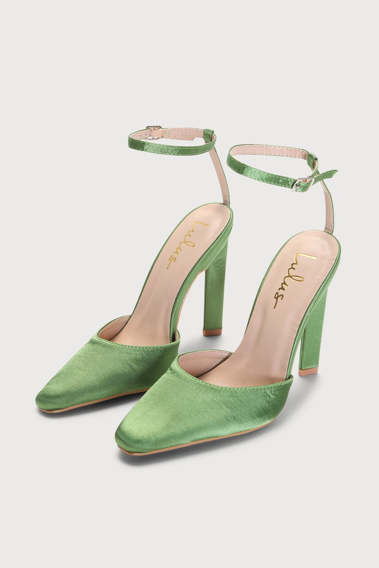 Green Satin Heels - Pointed-Toe Heels - Ankle Strap Pumps - Lulus