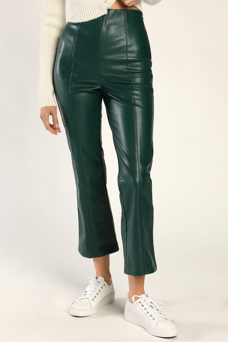 Green Flare Pants - Vegan Leather Pants - Flared Cropped Pants - Lulus